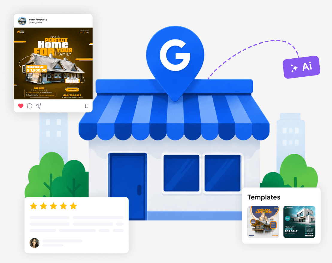 Google Business storefront connected to an Instagram post, reviews and templates