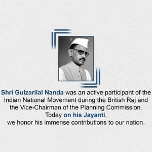 Gulzarilal Nanda Jayanti marketing poster