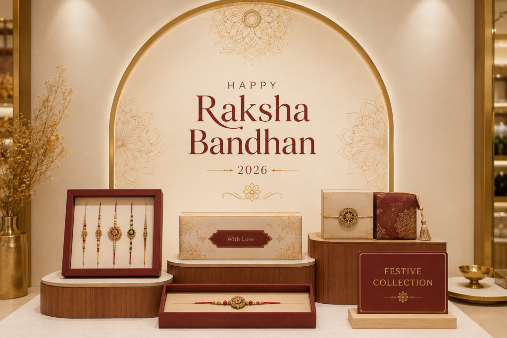 Raksha Bandhan 2026 store display with rakhi sets and offers