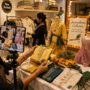 Clothing store recording behind-the-scenes preparation of a Janmashtami festive collection