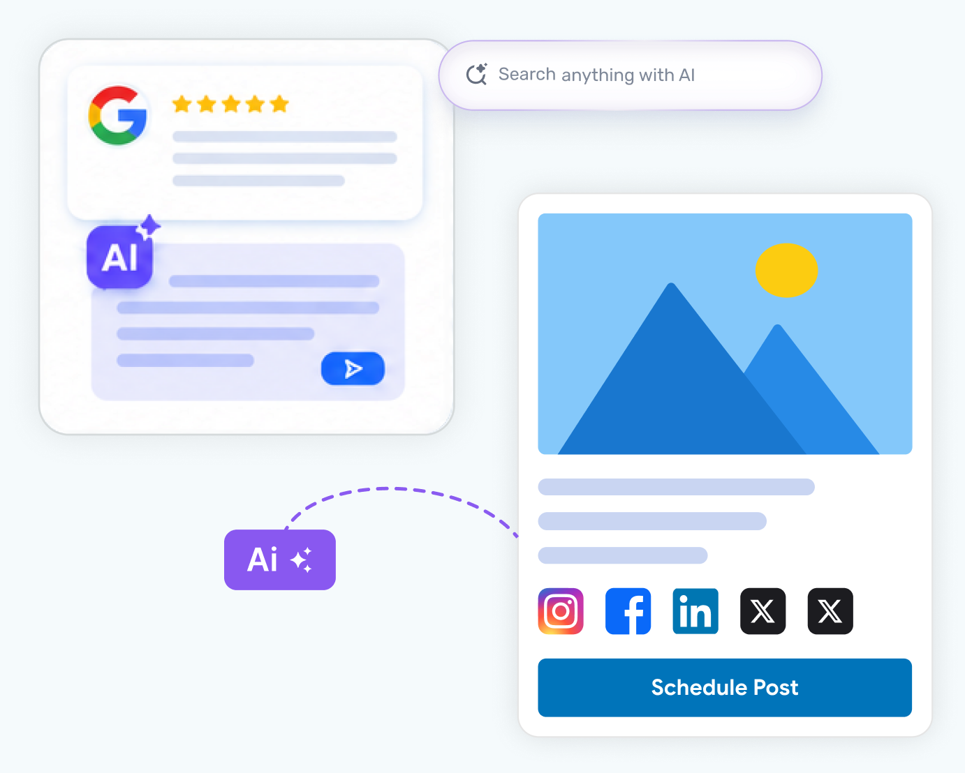 Google review with an AI reply, and a post ready to schedule to Instagram, Facebook, LinkedIn and X