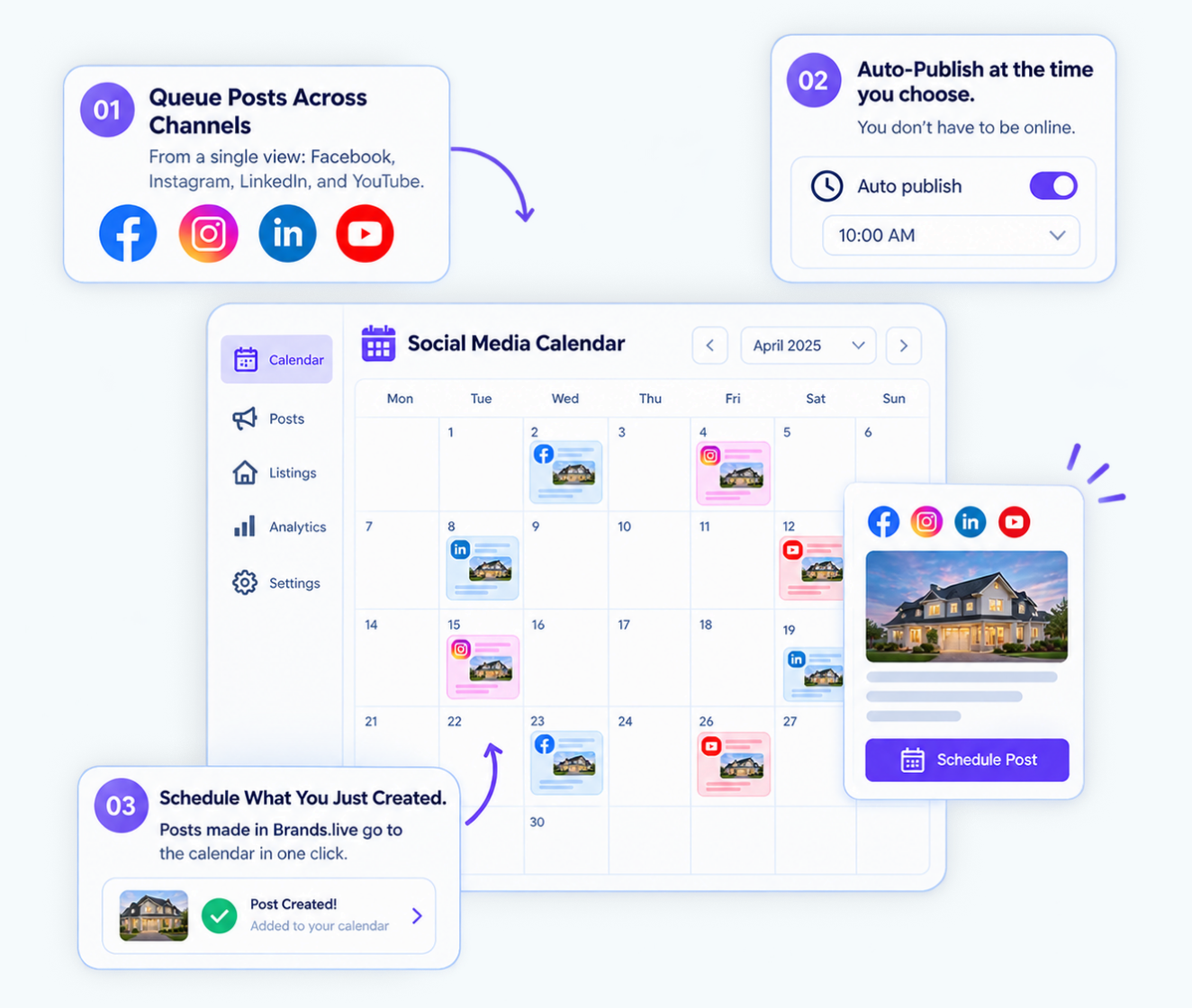Social media calendar with queued posts, auto-publish and platform icons