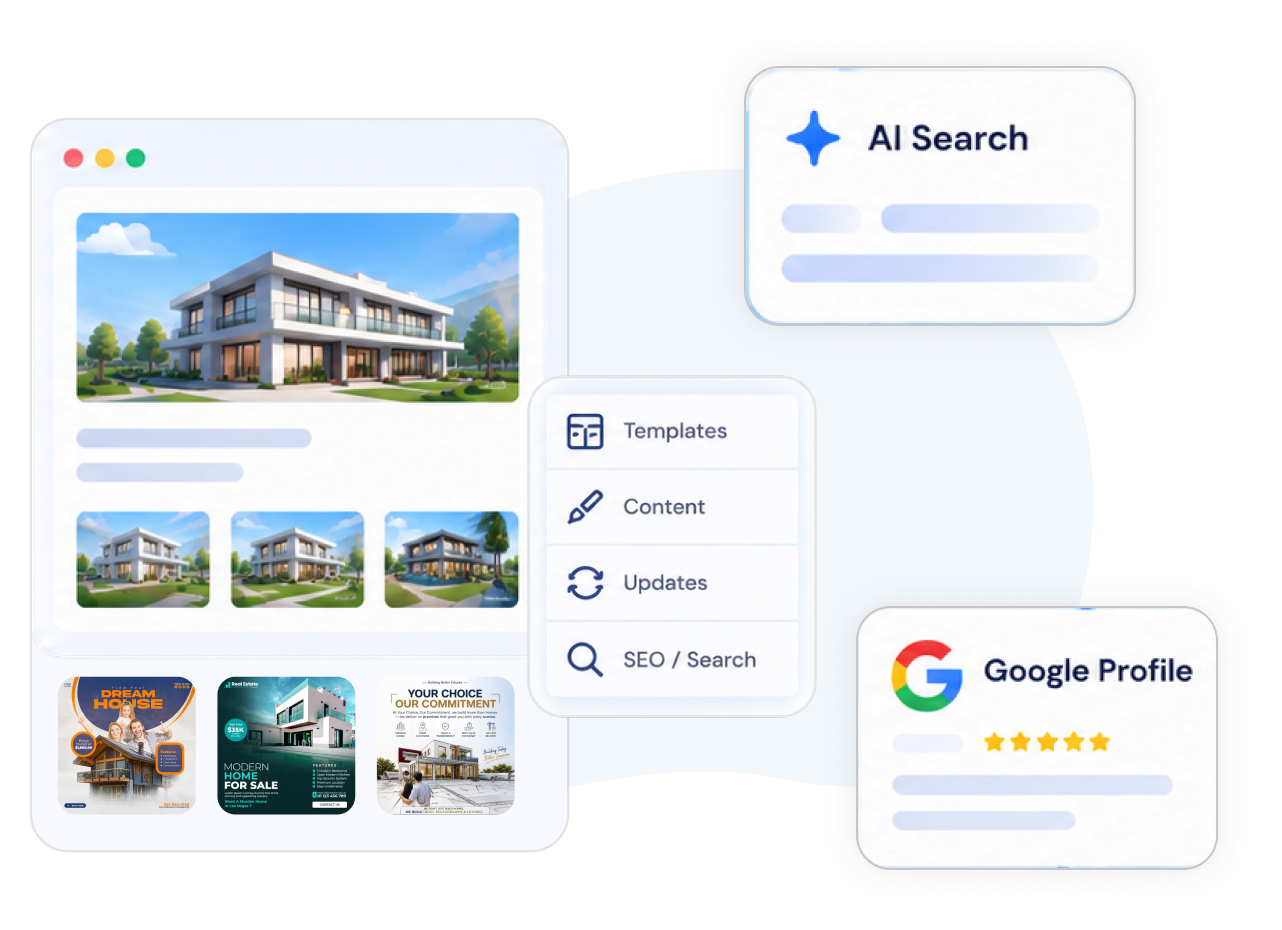 Agent website connected to templates, content, updates, AI Search and Google Profile