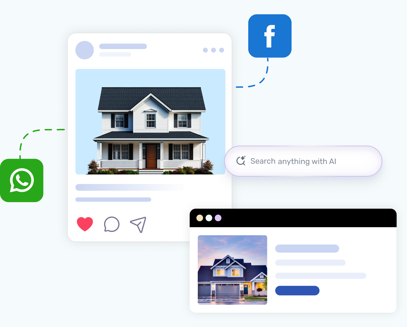 Listing post shared to Facebook and WhatsApp, with the agent website found through AI search